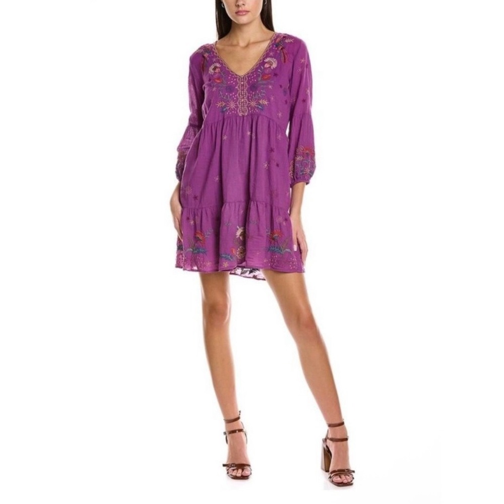 Johnny Was Workshop Purple Embroidered Cotton Tiered Babydoll Dress XXS W39521-N